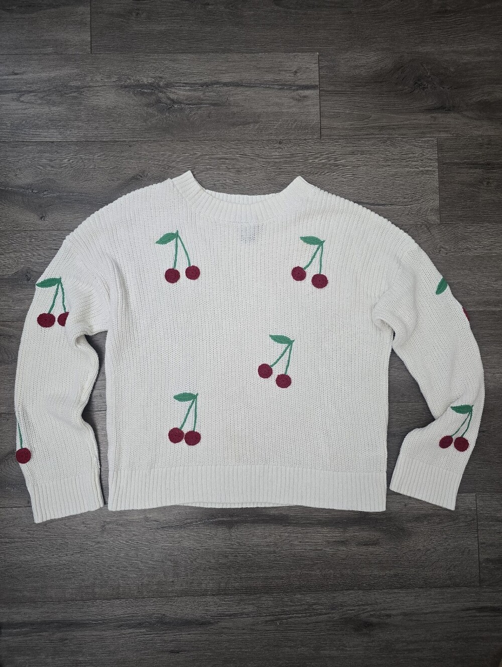 Cynthia Rowley Cream Cherry Embroidered Knit Sweater Size Large Embroidered